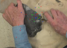 An example of gaze tracking. Subjects are watching stone toolmaking; the red, blue, green dots are where visual focus is during this segment of action. (Photo Lewis Wheaton) An example of gaze tracking. Subjects are watching stone toolmaking; the red, blue, green dots are where visual focus is during this segment of action. (Photo Lewis Wheaton)