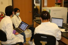 Jack Winn (left), Dhruti Triveti, and Julianna Mercado wait for measurements from specialized equipment in the Analytical Chemistry Lab in the Boggs Building. (Photo Renay San Miguel) Jack Winn (left), Dhruti Triveti, and Julianna Mercado wait for measurements from specialized equipment in the Analytical Chemistry Lab in the Boggs Building. (Photo Renay San Miguel)